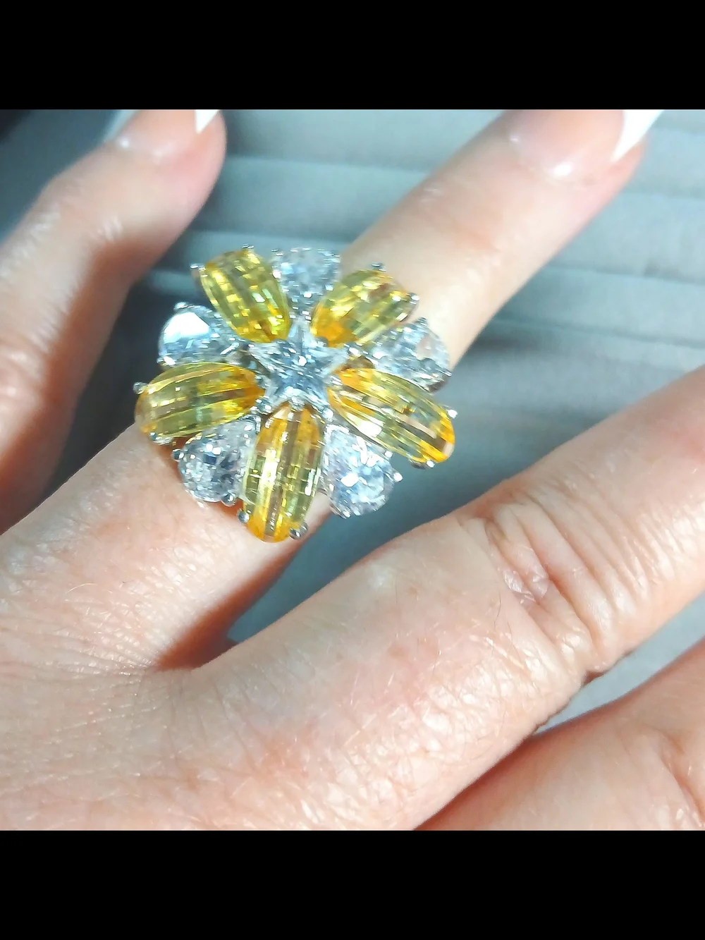 Yellow and Clear Flower Statement Ring - Women Jewelry Sterling Silver